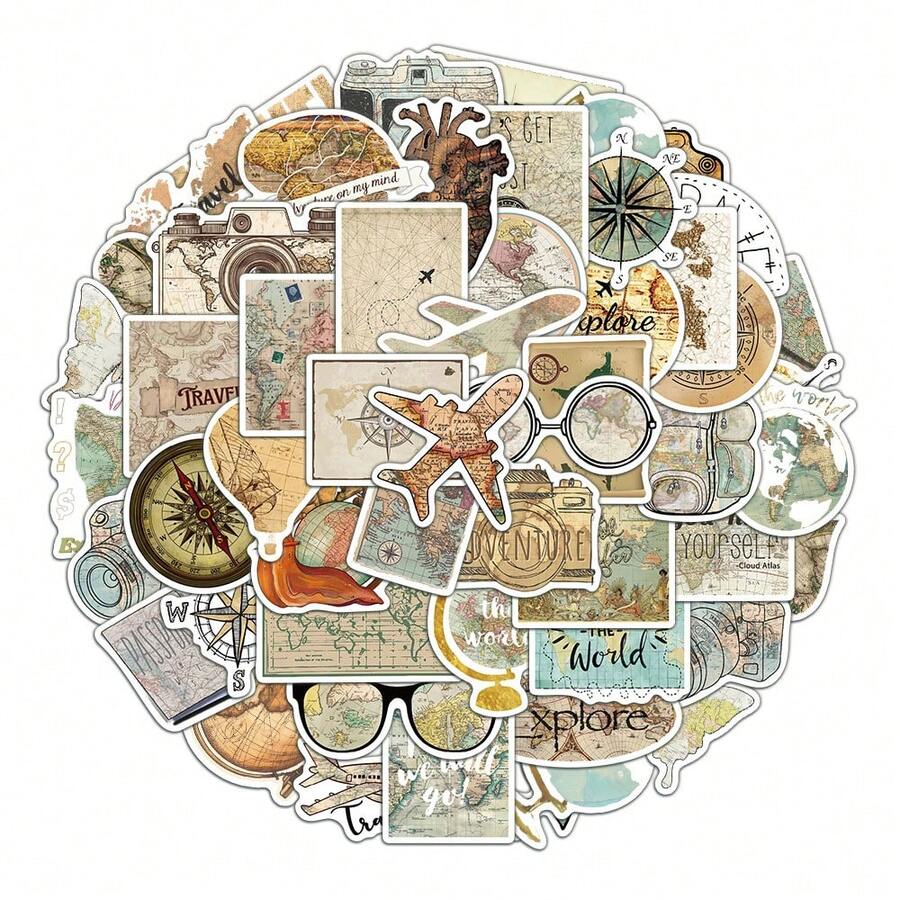 50pcs Creative Travel Map & Airplane Themed Retro Stickers, Ins Style Decorative Stickers For Scrapbooking - 50PC - View 1