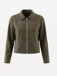 Chaqueta de mujer de unicolor con cuello vuelto y cremallera, de manga larga, adecuada para uso diario, escuela y aeropuerto, primavera/otoño, color negro - Caqui - Ver 3