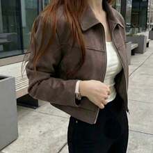 Chaqueta con cremallera de unicolor y cuello de ante sintético para mujer, uso casual para la escuela, el aeropuerto, primavera/otoño - Café integral - Ver 2