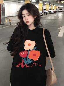 Soft Fabric T-Shirt Korean Chic Style Harajuku Style, Rejuvenating, Short Sleeve, For Women, Summer Floral Print, Modern, Loose Fit, Versatile, Exclusive Design, Fashion T-Shirt. - 黑色 - 查看 2