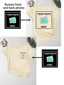 Personalized Women's T-Shirt - Add Your Text And Photos (Landscape/Badge/Couple/Family/Selfie/Pet), Printable On The Front And Back, Suitable For Summer Travel, Girlfriend Gift, Personalized Women's T-Shirt, Women's Top, Fashion, Casual, Minimalist, Personalized, Unique, Men's Clothing, Black Capsule Wardrobe, For The Family - 杏 - 查看 3