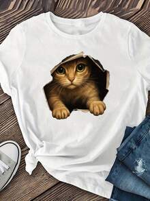 Camiseta de manga corta para mujer 'Kitten in a Hole' de tela gruesa, ropa de mujer, camiseta casual de manga corta para primavera/verano, camiseta casual de manga corta, idea de regalo. - Blanco - Ver 3