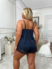 黑色蕾丝吊带背心和短裤内衣套装，性感睡衣，深V领设计，优雅两件套睡衣，适合情人节和浪漫夜晚 - 寶藍色 - 查看 3