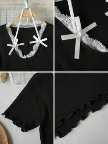 2026 Summer New Sweet Solid Color 3D Floral Hollow Sexy Knit Short Sleeve Top, Girly Ruffled Hem Cropped Cardigan Black - Black - View 10