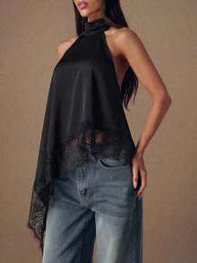 Top de satén con parches de encaje elegante sin espalda, blusa sexy de cuello halter sin mangas para fiestas, cócteles, ocasiones formales, Navidad y casual de negocios - Negro - Ver 5