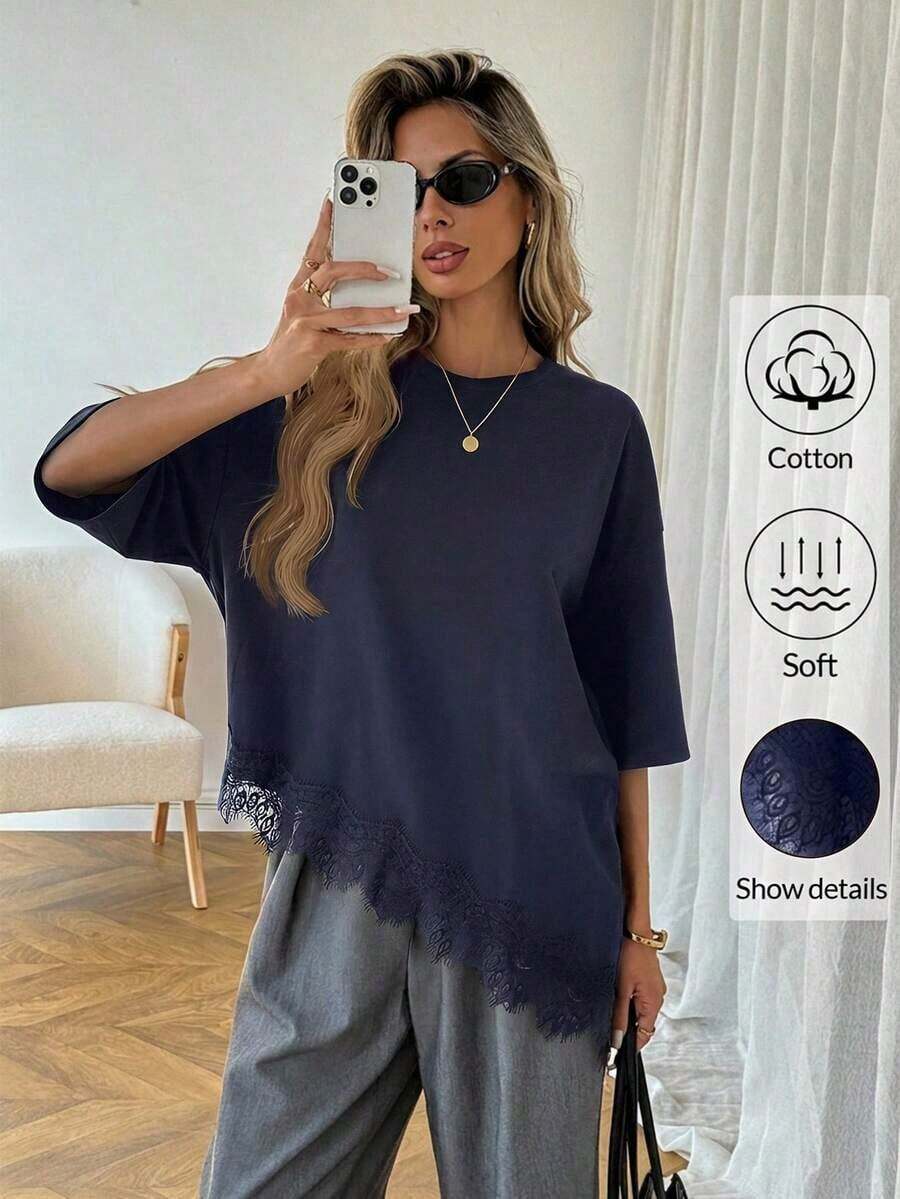 Camiseta de mujer de manga corta con estampado de leopardo, parche de encaje, bajo asimétrico, adecuada para vacaciones de verano, ir al trabajo y uso diario - Azul marino - Ver 1