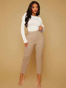 Pantalones unicolor de talle alto - Caqui - Ver 3