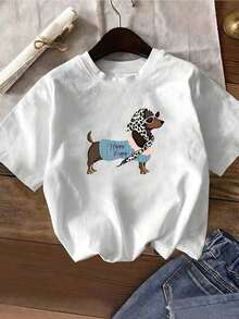Women's 100% Cotton T-Shirt With A Fun Dachshund Print And Bandana, Modern Casual Design, Comfortable And Cool Style For Everyday Wear - 白色 - 查看 7
