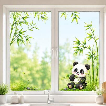 Cartoon Panda Bamboo Static Glass Sticker, Removable No-Adhesive Privacy Decal, Anti-Collision Anti-Scratch Window Cling For Kids Bedroom, Bathroom Mirror, Kitchen Window, Nursery Classroom, Living Room Balcony, Office Glass Door, Home & Party Decor