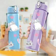 1/5pcs 750ml Cute Cat Print Water Bottle With Strap - Leak-Proof Sports Water Bottle With Various Adorable Cartoon Cat Designs In Light Blue, Blue, Purple And Pink, Suitable For Cat Lovers, Children, Teenagers And Students For School, Fitness, Outdoor Activities Or Daily Use. Also A Cute And Fun Gift For Birthday, Back To School Or Any Special Occasion. - Multicolored Kitten - View 8