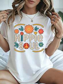 Camiseta Hippie Soul para el Festival de Verano con Estampado Floral y Símbolo de la Paz, Ropa Casual Blanca para Mujer, Primavera y Verano - Blanco - Ver 8