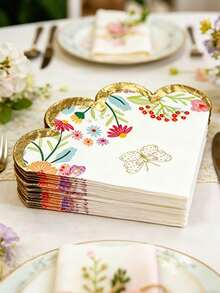 20 Sheets Floral Butterfly Golden-Embossed Napkins, Embossed Floral Butterfly Napkins, Irregularly Shaped Floral Butterfly Napkins With Ruffled Edges, Disposable Elegant Cocktail Napkins, Suitable For Birthday Party, Tea Party Decoration, Party, Wedding, Bridal Shower, Table Setting, Hotel And Restaurant Decoration Paper - Multicolor - View 2