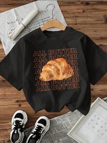 Playera de mujer de algodón suave con estampado gráfico de croissant y texto repetitivo, estilo casual moderno, cuello redondo, manga corta, ideal para uso diario y combinaciones versátiles - Negro - Ver 6