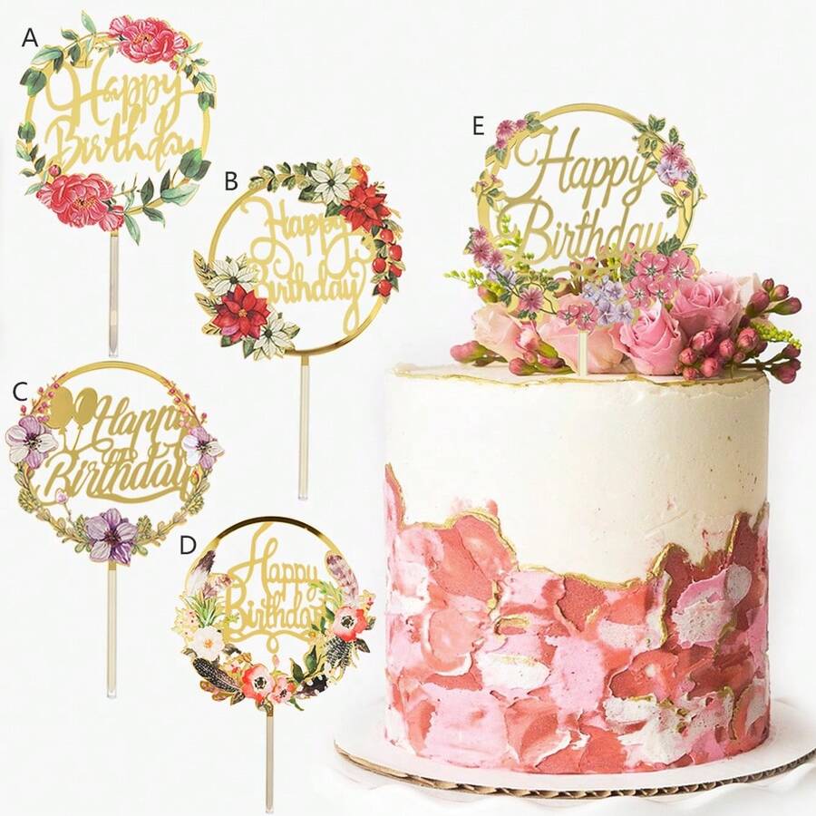 3 Stücke/1 Stück Gold Acryl Material Geburtstagskuchen Topper mit Blumenkranz und Blumen, geeignet für elegante Geburtstagsparty, Brautparty und Desserttisch Dekoration - Verschiedenfarbig - Übersicht 1