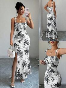 Nuevo vestido de mujer con tirantes de espagueti, lazo en la cintura, diseño de dobladillo fruncido y abertura, versátil para citas, fiestas y uso diario, favorecedora y elegante - Negro - Ver 3
