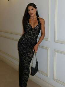 Vestido largo mujer elegante estilo europeo cuello colgante encaje combinado abertura ajustado figura favorecedor - Negro - Ver 6