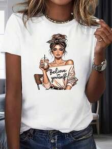 Women's "Believe In Yourself" T-Shirt With Motivational Design Of A Woman Holding A Drink And Leopard Headband, Fashionable Women's Top, Party And Vacation Clothes 220mgropa De Calor Mujer - 白色 - 查看 7