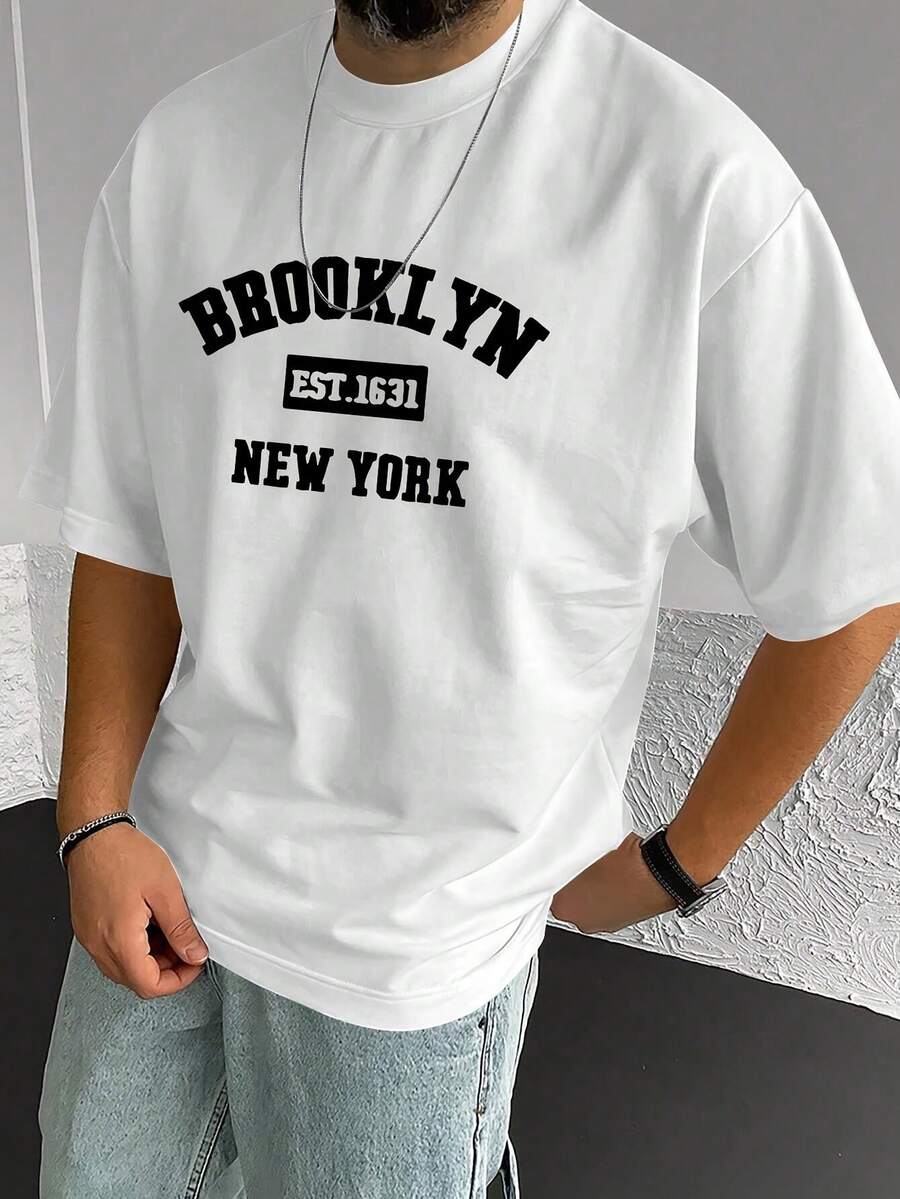 Men'S Brooklyn New York Letter Print Graphic Casual Short-Sleeve T-Shirt - 白色 - 查看 1