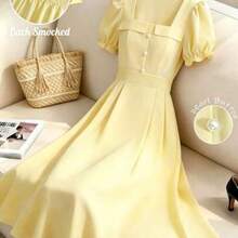 Women's Light Yellow Solid Color Square Neck Short Sleeve Pearl Button Decor Charming Elegant Everyday Vacation Commute Fashion Date French Street Retro Versatile Spring/Summer Light Yellow New Mid-Length Dress - Amarillo claro - Ver 1