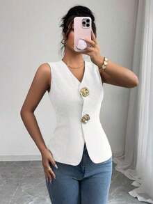 Blusa exterior con cuello en V ajustada con decoración de botones dorados con rosas - Blanco - Ver 3