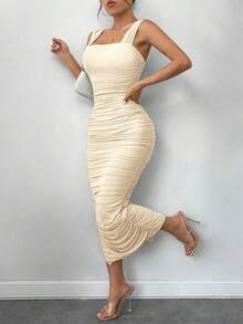Vestido de graduación; Vestido ajustado de malla con superposición fruncida y abertura en el muslo, vestidos en tonos pastel para mujeres - Caqui - Ver 4