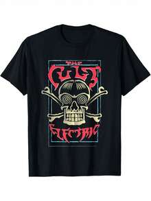 Camiseta negra de manga corta transpirable para hombre con diseño gráfico de calavera y huesos cruzados, estampado de banda de música rock, ropa casual unisex para hombre y mujer, ideal para verano, otoño, conciertos, fiestas y festivales. Cuello redondo clásico, una camiseta de manga corta adecuada para el hogar, uso diario, fiestas y viajes, perfecta como regalo para amigos o familiares. - Negro - Ver 1