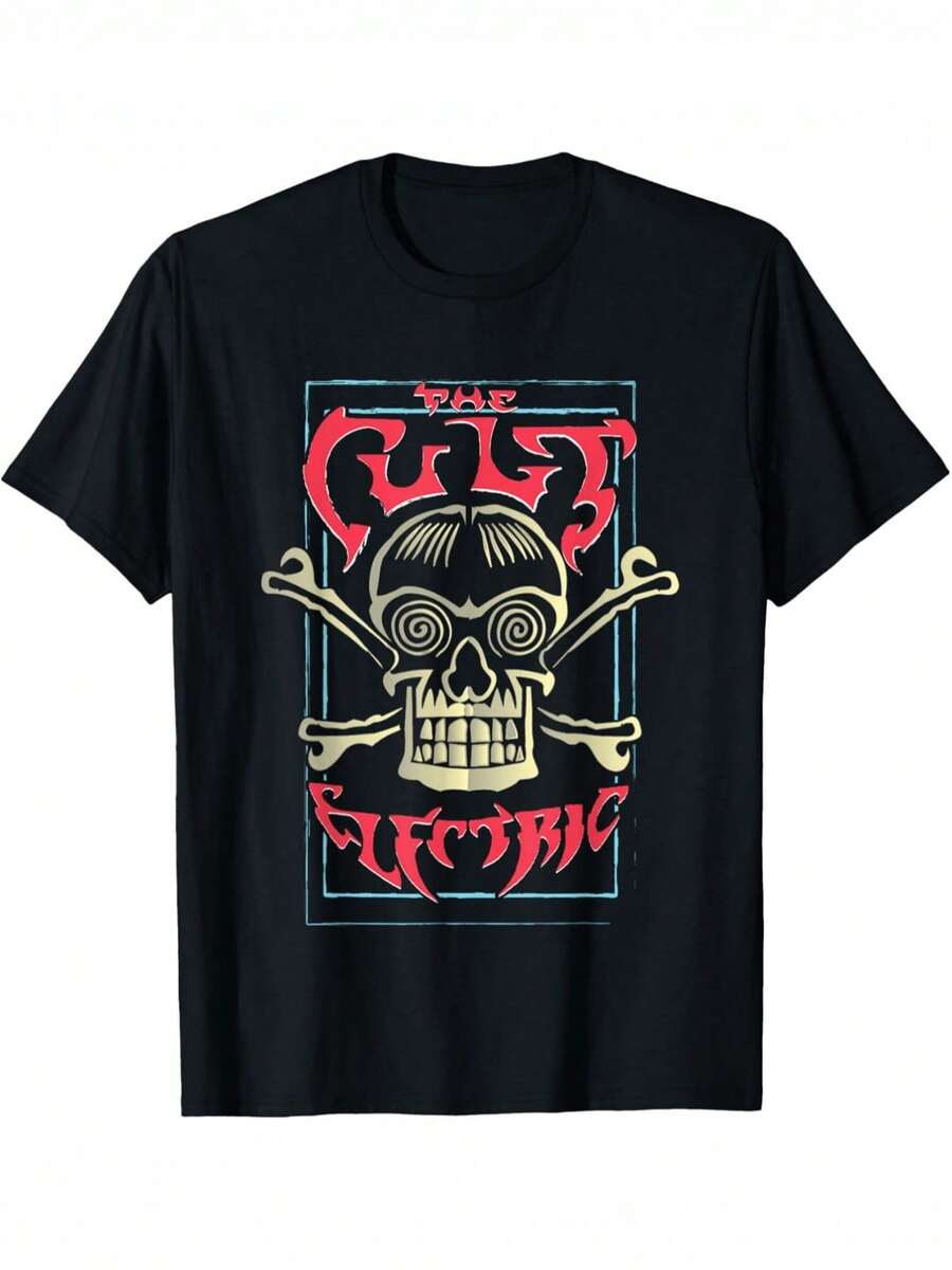 Camiseta negra de manga corta transpirable para hombre con diseño gráfico de calavera y huesos cruzados, estampado de banda de música rock, ropa casual unisex para hombre y mujer, ideal para verano, otoño, conciertos, fiestas y festivales. Cuello redondo clásico, una camiseta de manga corta adecuada para el hogar, uso diario, fiestas y viajes, perfecta como regalo para amigos o familiares. - Negro - Ver 1