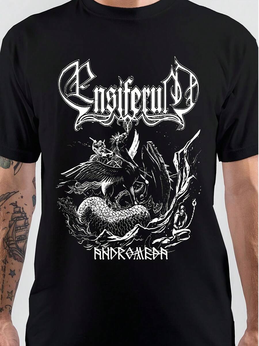 Camiseta de manga corta transpirable para hombre con estampado de la banda Ensiferum, merchandising de folk metal finlandés, de tela gruesa, tallas S-3XL, camiseta casual de cuello redondo para conciertos y estilo casual de verano. Una camiseta de manga corta adecuada para el hogar, el uso diario, fiestas y viajes, perfecta como regalo para amigos o familiares. - Negro - Ver 1