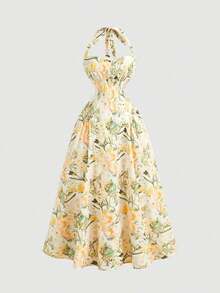 Vestido a media pierna con estampado floral romántico y cuello halter, ideal para el Día de San Valentín, primavera, almuerzos, fiestas de té, vacaciones en la playa, vestidos florales y estilo vintage para mujer - Amarillo - Ver 5