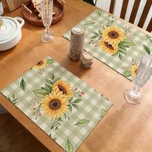 A Complete Set Of Daily Sunflower, Green Leaf, Green Checkered, And Striped Patterned Placemats, Suitable For Spring, Summer, Autumn, And Winter. It Adopts A Multi-Color Pattern Design And Is Woven From 100% Polyester Fiber. The Size Is 12 * 18 Inches And Can Be Machine Washed With Polyester Placemats. Heat Resistant, Stain Resistant, Waterproof, Easy To Clean, Suitable For Dining Tables, Holiday Party Decorations, Desktop Protection, Kitchen And Living Room Decorations, And Daily Use. - Multicolor - View 4