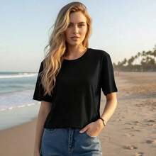 Camia Vintage Francesa con Texto para Mujer - Cuello Redondo Casual, Manga Corta, Ajuste Cómodo, Patrón Geométrico, Tela Suave y Transpirable, Perfecta para Atuendos Casuales, Top para Todas las Temporadas| Camisa Vintage con Texto Francés| Camisa de ajuste cómodo   Transpirable y confortable - Negro - Ver 5