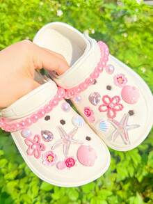 20 Stücke/Set Rosa Ozean Serie DIY Perlen Kette Schuh Blumen, Seestern, Blume, Strass Dekoration für Sandalen, Strandschuhe, Gartenschuhe, Pantoffeln, Urlaubsgeschenk - Pink - Übersicht 2