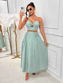 AIJ Amarilo Green Satin Spaghetti Strap Pleated Hollow Back Camisole Top + High Waist Ruffle Hem A-Line Maxi Skirt 2-Piece Set, Suitable For Summer, Spring, Wedding Guest, Graduation Ceremony And Vacation - Bean Green - View 4