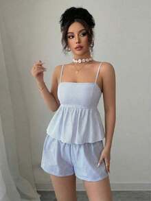 Camiseta sin espalda de lino con cuello en V profundo a rayas azul y blanco, de cintura baja con cordón, suelta y casual, corta, sexy, linda y elegante, romántica para el verano para mujeres, diseño con lazo sin espalda, conjunto de vacaciones de - Azul - Ver 8