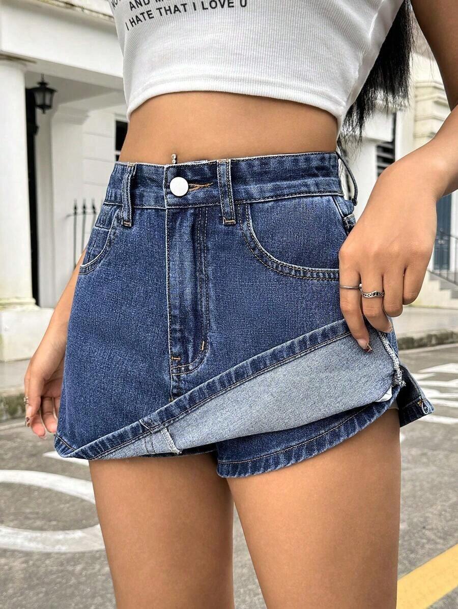 Falda mini de mezclilla lavada casual para mujer, verano - Azul lavado medio - Ver 1