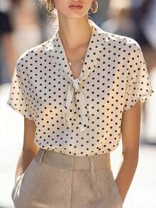 Camisa de mujer con diseño de cuello de corbata de lunares, primavera/verano - Albaricoque - Ver 1