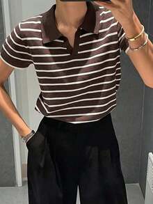 Suéter de mujer con cuello y mangas cortas a rayas para otoño - Marrón - Ver 1