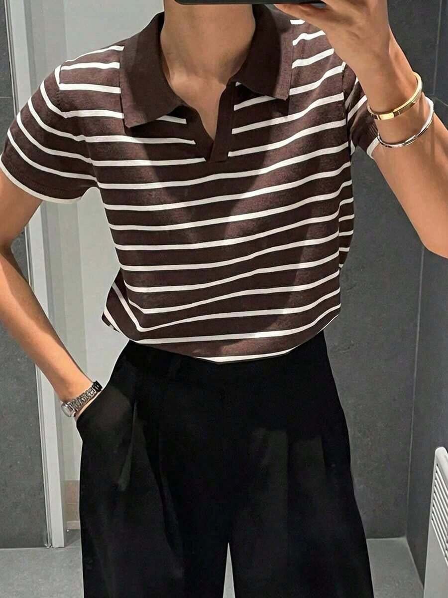 Suéter de mujer con cuello y mangas cortas a rayas para otoño - Marrón - Ver 1