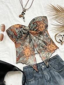 Nuevo estilo de top tubo de punto estampado rosa con dobladillo retorcido asimétrico y espalda descubierta para playa, resort, festival de música y verano bohemio para mujeres - Multicolor - Ver 1