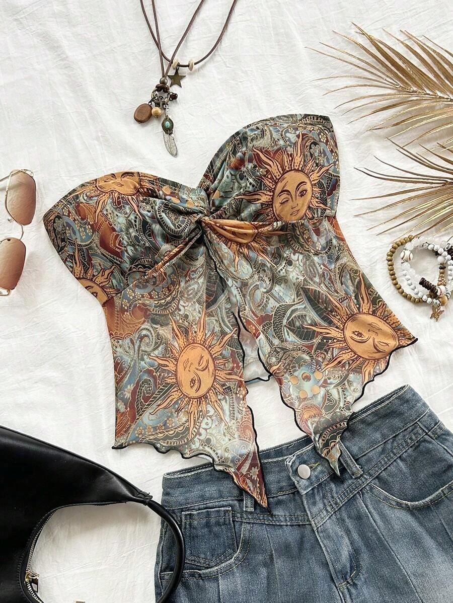 Nuevo estilo de top tubo de punto estampado rosa con dobladillo retorcido asimétrico y espalda descubierta para playa, resort, festival de música y verano bohemio para mujeres - Multicolor - Ver 1