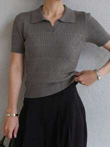 Suéter de mujer con cuello y mangas cortas a rayas para otoño - Gris - Ver 4