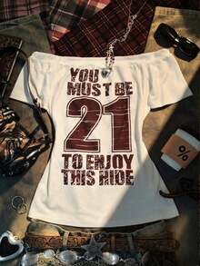 Camiseta de manga corta ajustada con hombros descubiertos, estilo casual y retro, impresa con "NEW YORK", adecuada para uso diario, ir al trabajo, fiestas, reuniones y ocasiones de vuelta al colegio. - Multicolor 10 - Ver 1