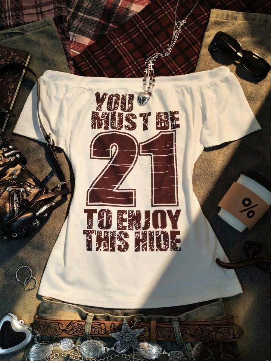 Camiseta de manga corta ajustada con hombros descubiertos, estilo casual y retro, impresa con "NEW YORK", adecuada para uso diario, ir al trabajo, fiestas, reuniones y ocasiones de vuelta al colegio. - Multicolor 10 - Ver 1