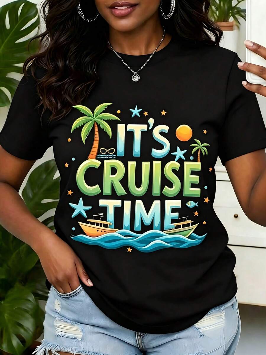 100% cotton Camiseta Casual de Mujer con Estampado de Palmeras Tropicales y Barcos para Cruceros, Camiseta Ligera de Cuello Redondo y Manga Corta para Verano, Ropa para Vacaciones de Verano, Adecuada para Festivales y Uso Diario. - Negro - Ver 1