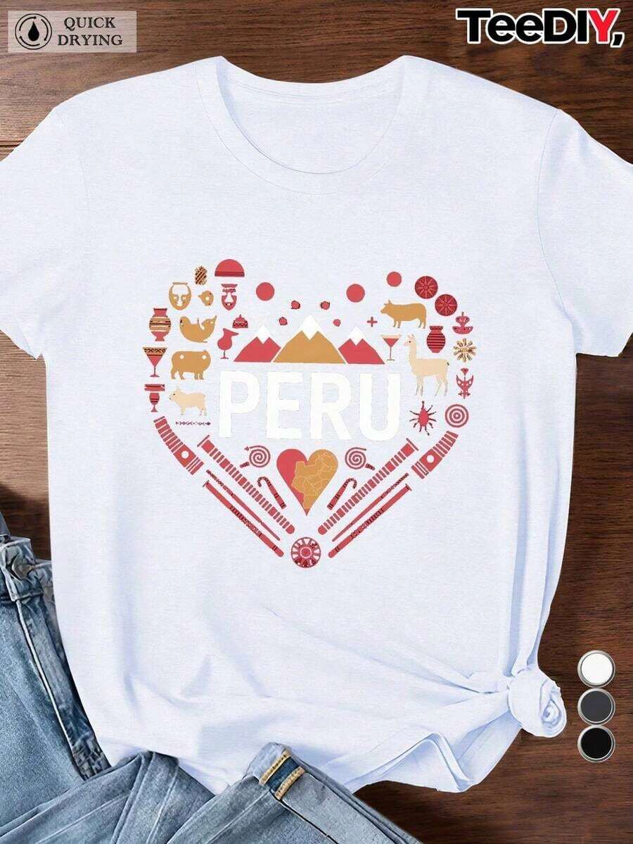 1 pieza de camiseta de talla grande para mujer con diseño cultural peruano - Camiseta casual de manga corta y cuello redondo con arte lineal y patrones geométricos incas, adecuada para todas las estaciones, ideal para viajes y uso diario. 180g Algodón 100% - Color de imagen predeterminado 1 - Ver 1