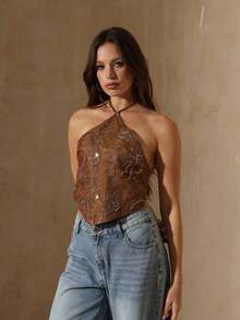 Glamour Nuevo top de verano bohemio de mujer para vacaciones, con escote halter sin espalda y tela con cuentas especiales en la espalda.Vestido de vuelta al colegio, vestidos de mujer para salir, tops de mujer estilo Y2K lindos - Marrón - Ver 5
