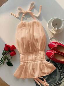 Camiseta sin espalda con pliegues y lazos en la espalda de color rosa para mujer, camiseta rosa para el Día de San Valentín - Naranja - Ver 1