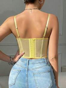 1 pieza Parte superior corta ajustada con adorno de encaje de moda para mujer, camiseta interior ajustada sexy tipo corsé, adecuada para fiesta, viaje, reunión, Navidad, San Valentín, vacaciones de verano casual - Amarillo - Ver 5
