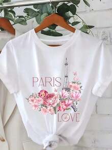 1 Pieza de Camiseta Casual de Moda para Hombres y Mujeres con Diseño de Paisaje de París y Motivo de Amor para el Día de San Valentín, Manga Corta y Cuello Redondo para Mujer. Versátil, fácil de combinar, adecuada para uso diario, estilo urbano, ropa de vacaciones y de fin de semana. - Blanco - Ver 1