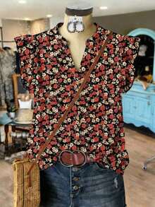 Camisa casual de mujer de manga corta con cuello en V, con estampado de rayas en un estilo minimalista, bohemio, elegante y romántico, retro, adecuado para festivales de música, playa, vacaciones de verano - Multicolor 9 - Ver 1